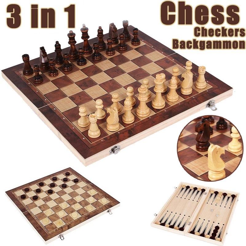 Board Game Quacks - 3-in-1 schaakbord, opvouwbaar houten draagbaar schaakspelbord,
