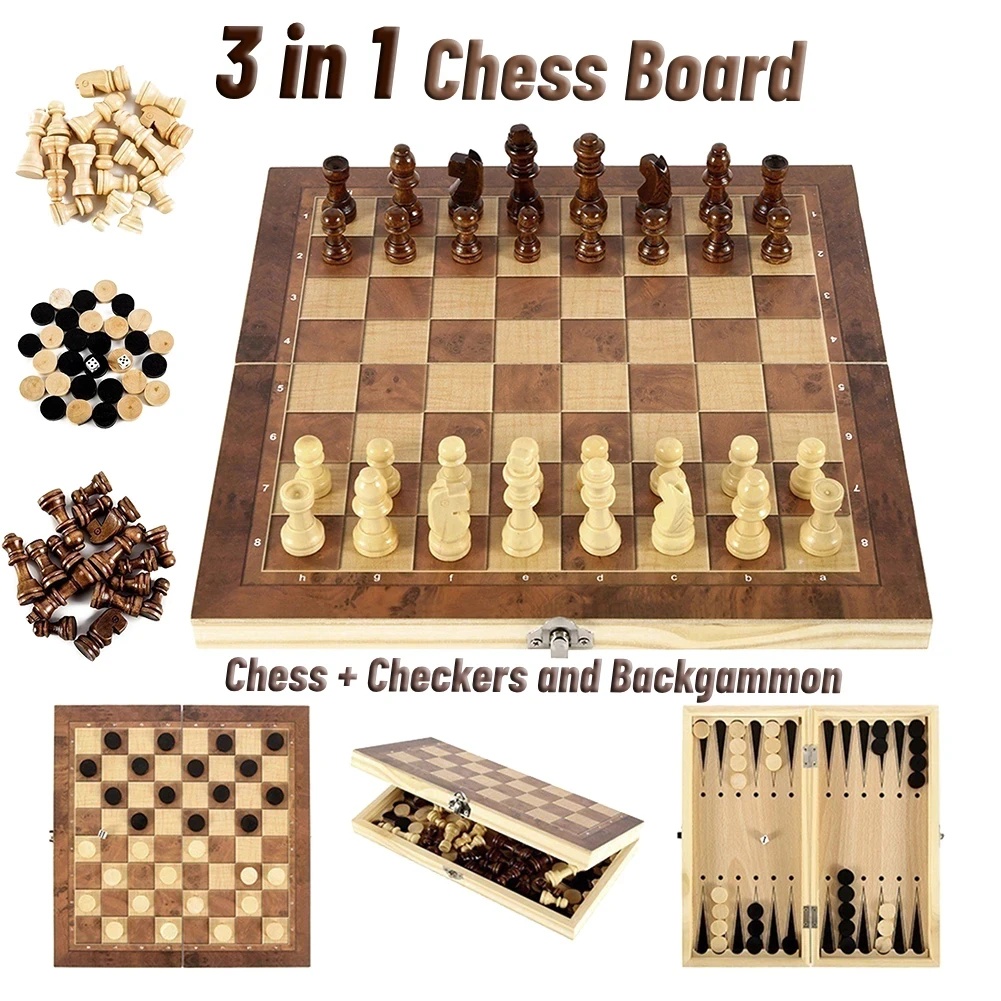 Board Game Quacks - 3-in-1 houten dammen, backgammon en schaakspel,